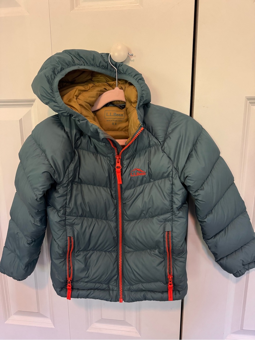 L.L. Bean Teal Hooded Puffer Jacket with Orange Accents